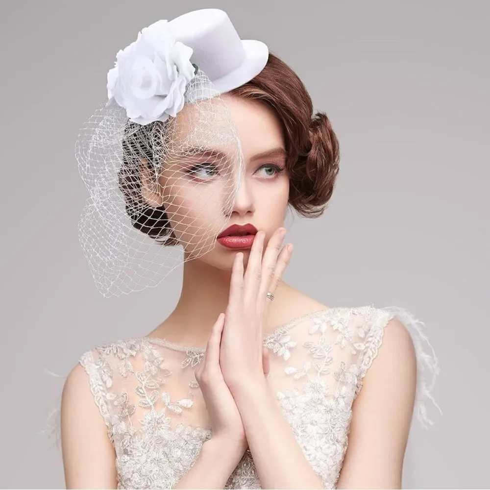Fascinators - White Derby Hat  Elegant Tea Party with Veil Floral
